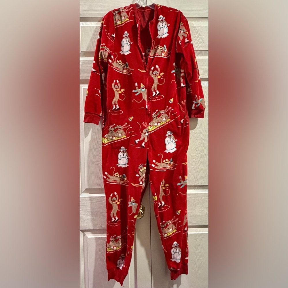 Nick & Nora Vtg Sock Monkey Pjs skate Red pajamas sleeper one piece Size Small